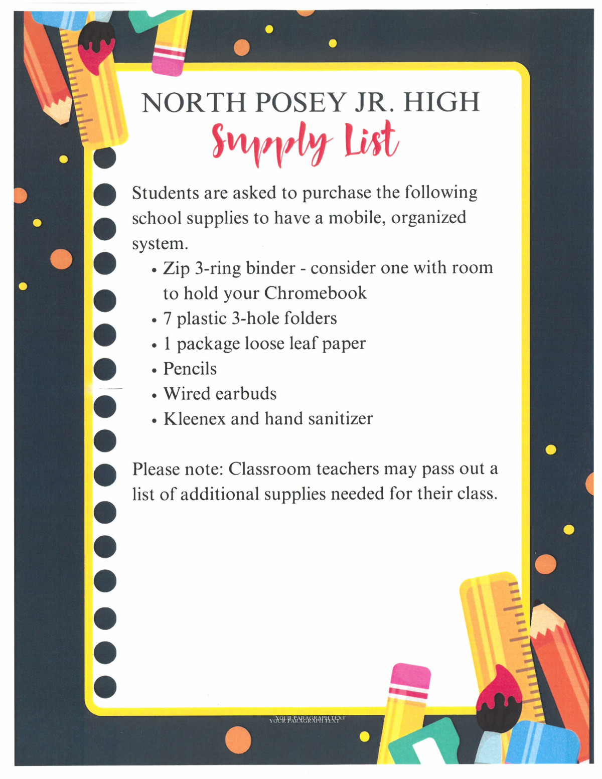 Junior High School Supply Lists - Pottsville Junior High School