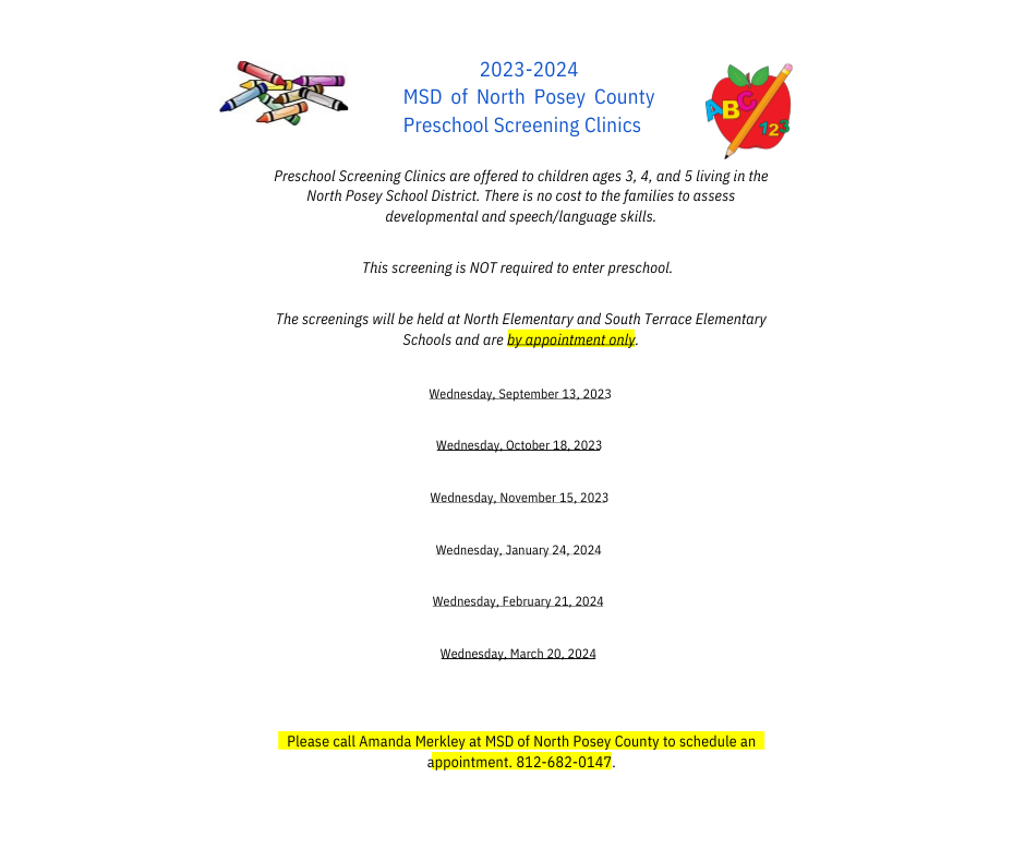2023-2024 Preschool Screening Clinics Scheduled